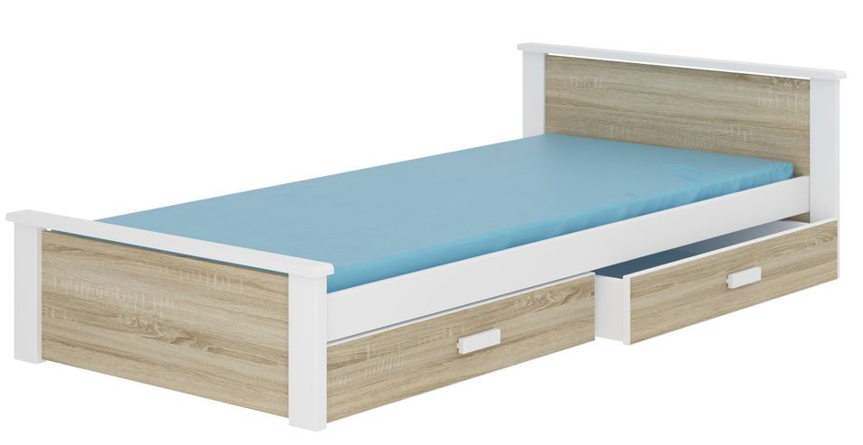 Lit enfant bois pin blanc et bois sonoma 90x200 cm avec 2 tiroirs de rangement Lydia - Photo n°1