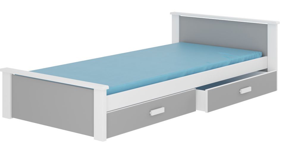 Lit enfant bois pin blanc et gris clair 90x200 cm avec 2 tiroirs de rangement Lydia - Photo n°1