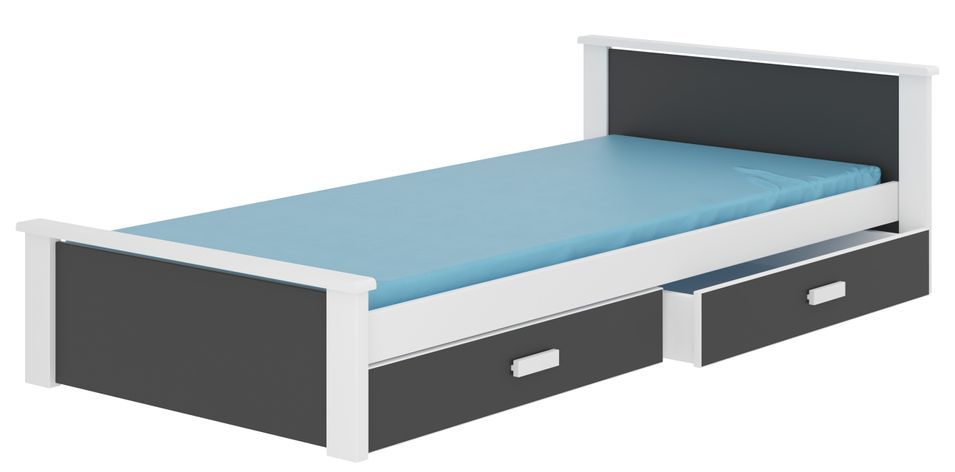 Lit enfant bois pin blanc et gris graphite 90x200 cm avec 2 tiroirs de rangement Lydia - Photo n°1
