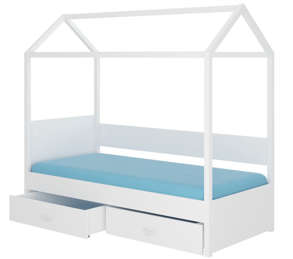 Lit enfant cabane bois pin blanc 90x200 cm avec 2 tiroirs de rangement Forka - Photo n°1