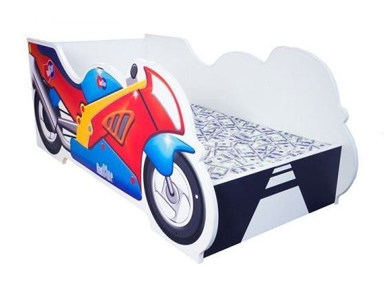 Lit enfant moto bois mélaminé rouge et bleu 70x140 cm - Photo n°1