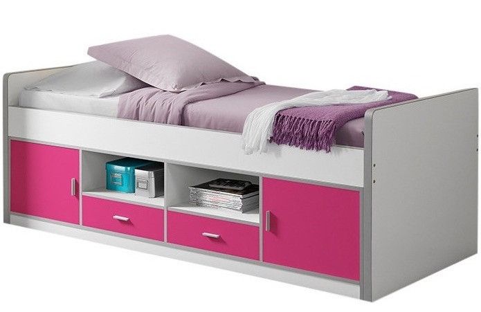 Lit enfant multi-rangement 90x200 cm bois blanc et fuchsia Bonny - Photo n°1