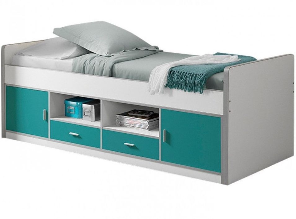 Lit enfant multi-rangement 90x200 cm bois blanc et turquoise Bonny - Photo n°1