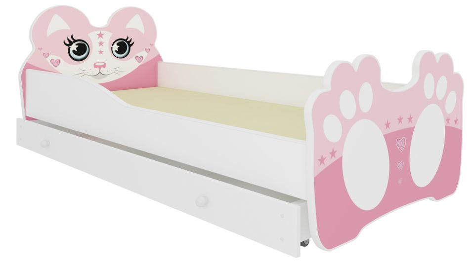 Lit enfant rose avec motif petit chat rose - Matelas inclus - Tiroir de rangement - Photo n°1
