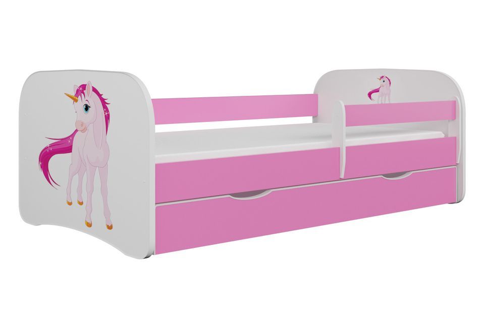 Lit enfant rose Licorne avec sommiers et barrière de sécurité amovible Drimy - Photo n°1
