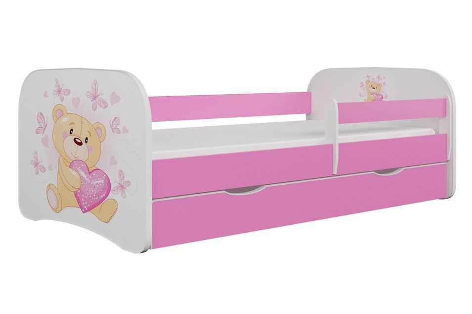 Lit enfant rose papillons avec sommiers et barrière de sécurité amovible Drimy - Photo n°1