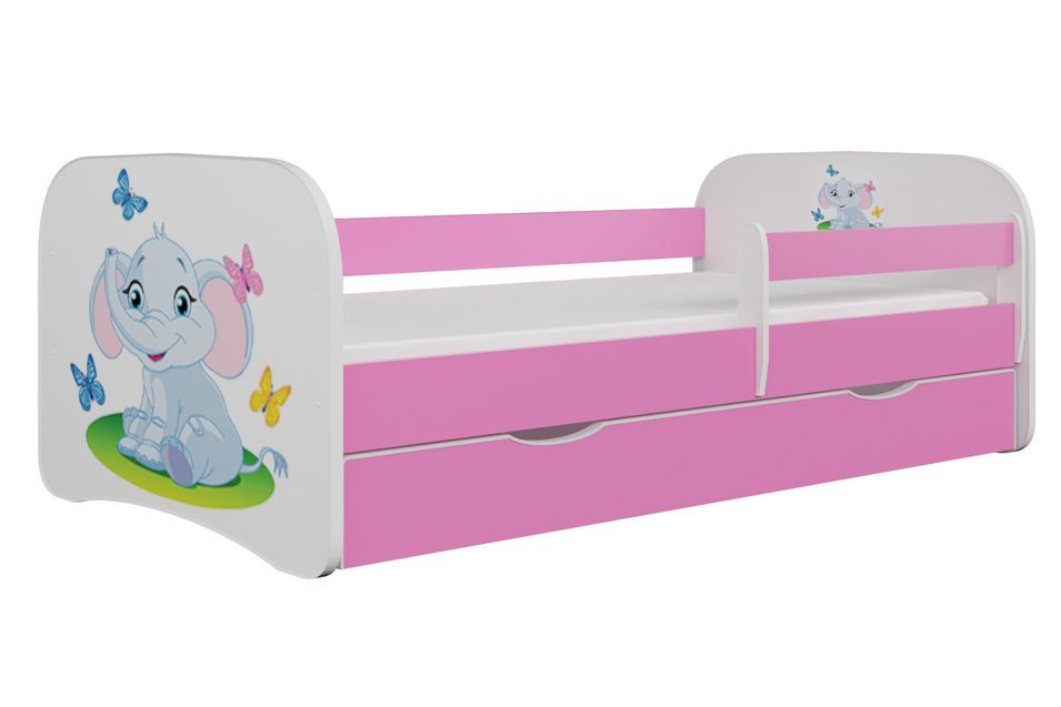 Lit enfant rose petit éléphant avec sommiers et barrière de sécurité amovible Drimy - Photo n°1