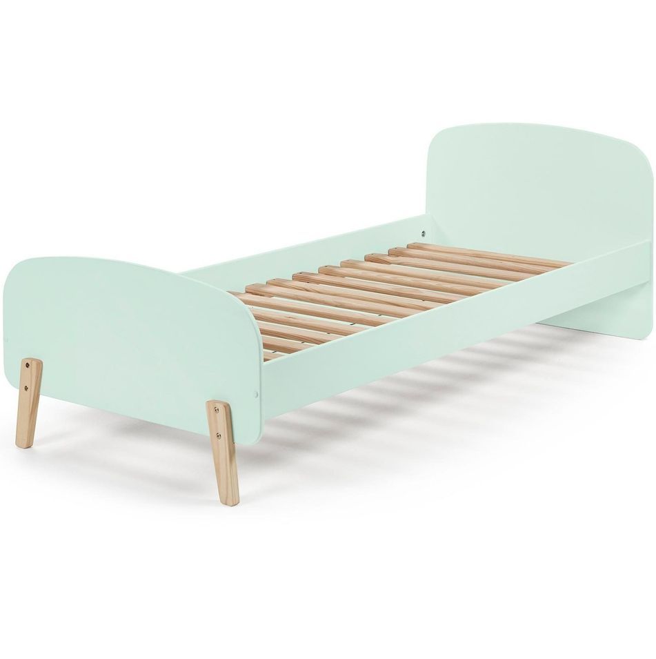 Lit enfant 90x200 cm bois vert menthe brillant et pieds pin massif clair Kiddy - Photo n°1