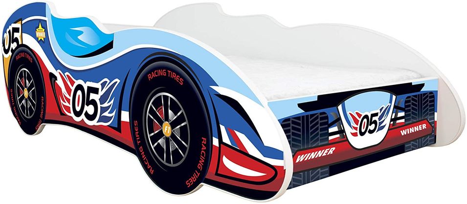 Lit enfant voiture F1 bleu et rouge 70x140 cm - Sommier et matelas inclus - Photo n°1