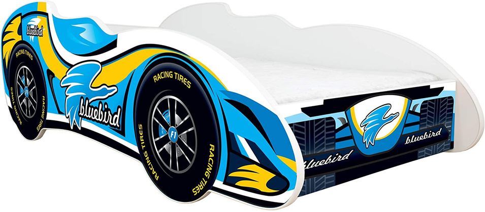 Lit enfant voiture F1 Blue bird bleu 70x140 cm - Sommier et matelas inclus - Photo n°1