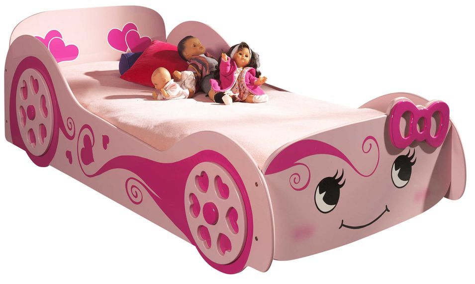 Lit enfant voiture LOVE 90x200 cm rose – Sommier inclus - Photo n°1