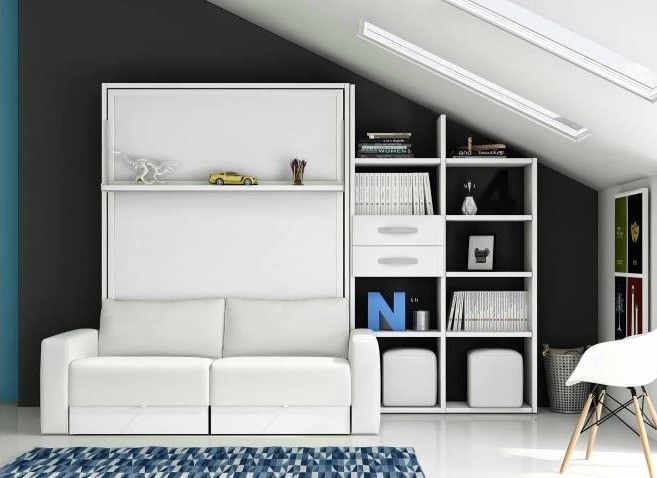 Lit escamotable 140x190 cm avec canapé et étagère Modula - Photo n°1