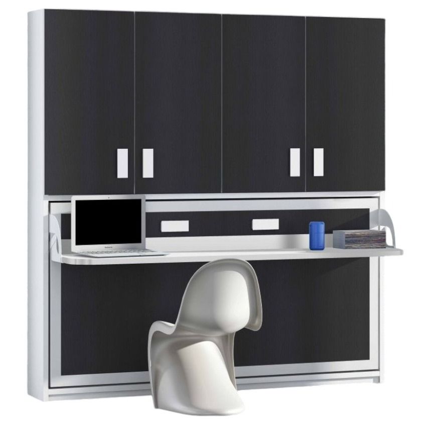Lit escamotable 140x190 cm P 53 cm anthracite avec étagères et bureau Miko - Photo n°1