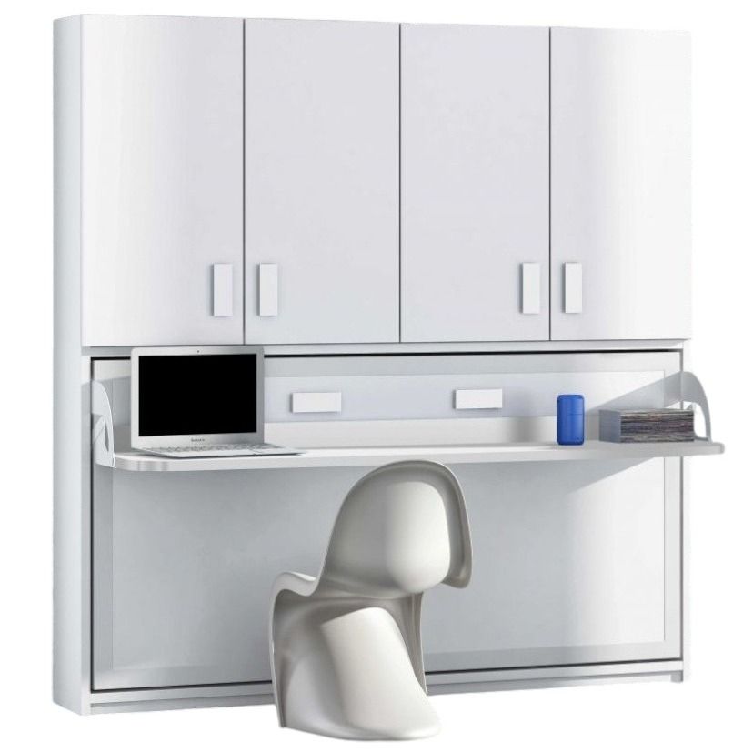 Lit escamotable 140x190 cm P 53 cm blanc satiné avec étagères et bureau Miko - Photo n°1
