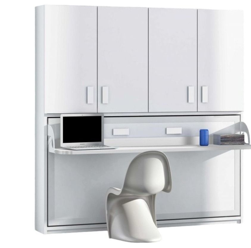 Lit escamotable 140x190 cm P 53 cm chêne blanchi avec étagères et bureau Miko - Photo n°1