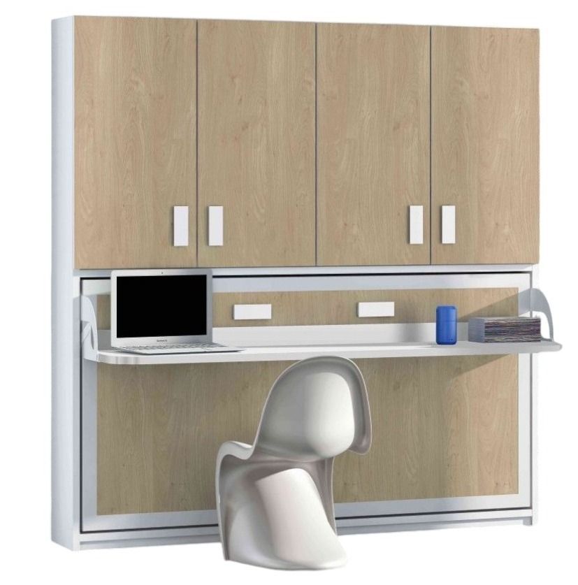Lit escamotable 140x190 cm P 53 cm chêne clair avec étagères et bureau Miko - Photo n°1