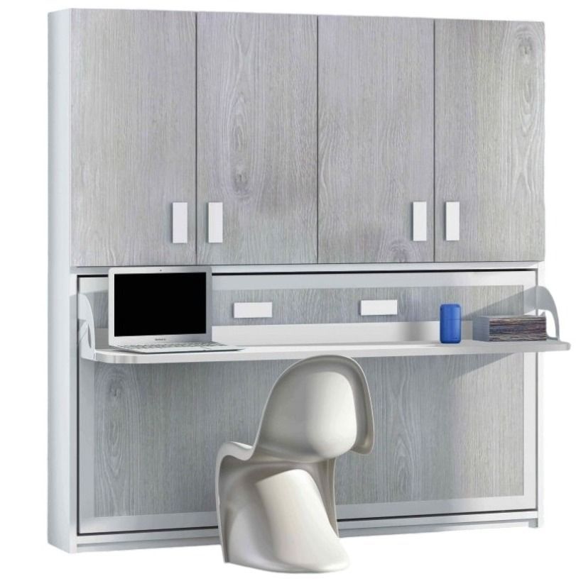 Lit escamotable 140x190 cm P 53 cm chêne gris avec étagères et bureau Miko - Photo n°1