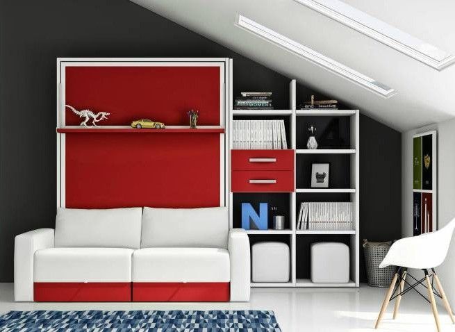 Lit escamotable 80x180 cm avec canapé coffre et étagères Modula - Photo n°1