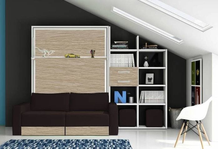 Lit escamotable 90x190 cm avec canapé coffre et étagères Modula - Photo n°1