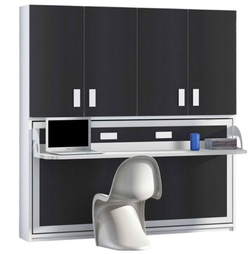 Lit escamotable 90x190 cm P 34 cm anthracite avec étagères et bureau Miko - Photo n°1