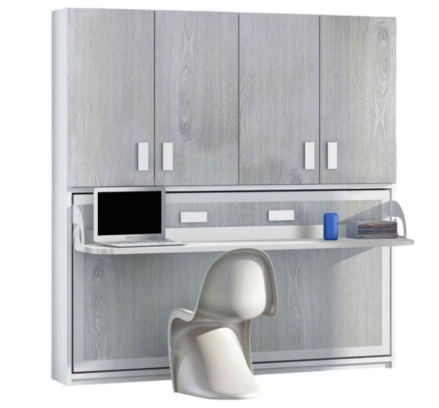 Lit escamotable 90x190 cm P 34 cm chêne gris avec étagères et bureau Miko - Photo n°1