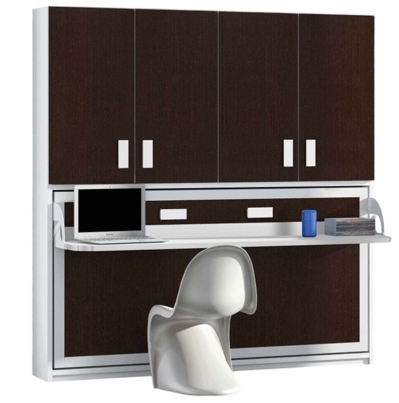 Lit escamotable 90x190 cm P 34 cm chocolat avec étagères et bureau Miko - Photo n°1