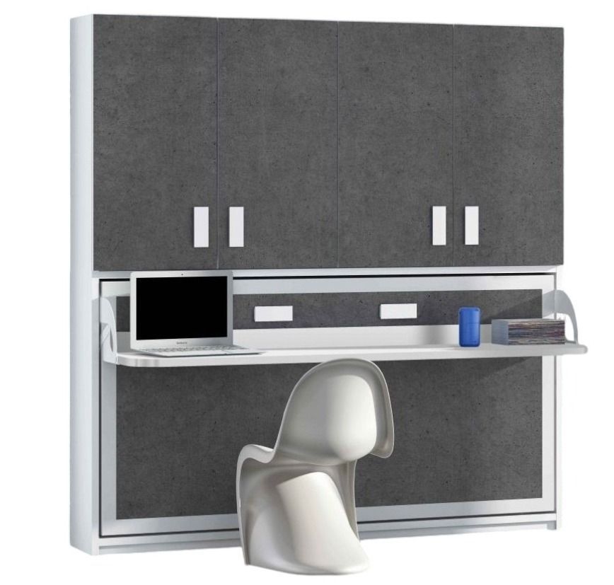Lit escamotable 90x190 cm P 34 cm gris béton avec étagères et bureau Miko - Photo n°1