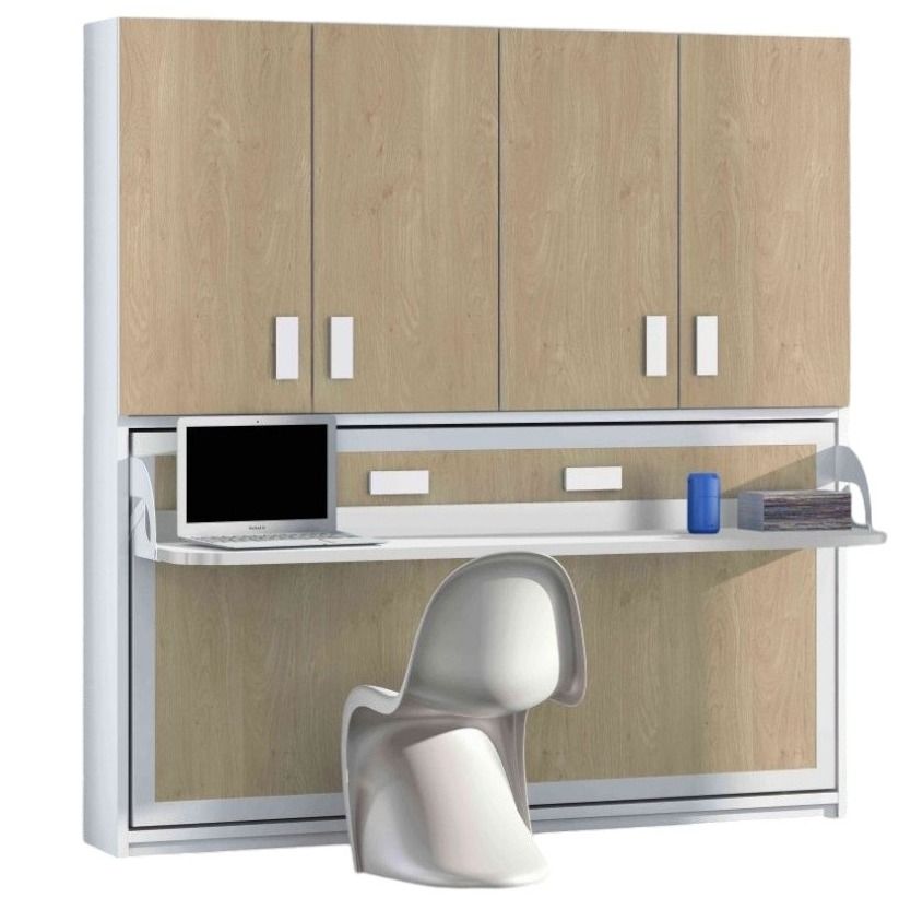 Lit escamotable 90x190 cm P 53 cm chêne clair avec étagères et bureau Miko - Photo n°1