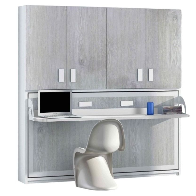 Lit escamotable 90x190 cm P 53 cm chêne gris avec étagères et bureau Miko - Photo n°1