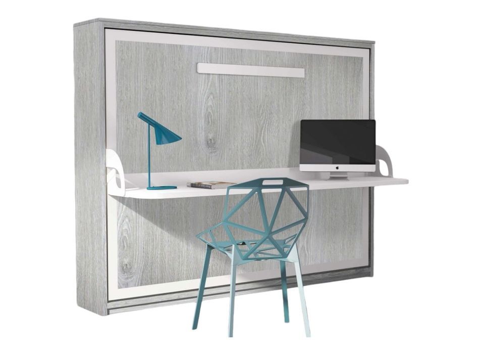 Lit escamotable avec bureau 90x190 chêne gris P 35 Kinoa - Photo n°1