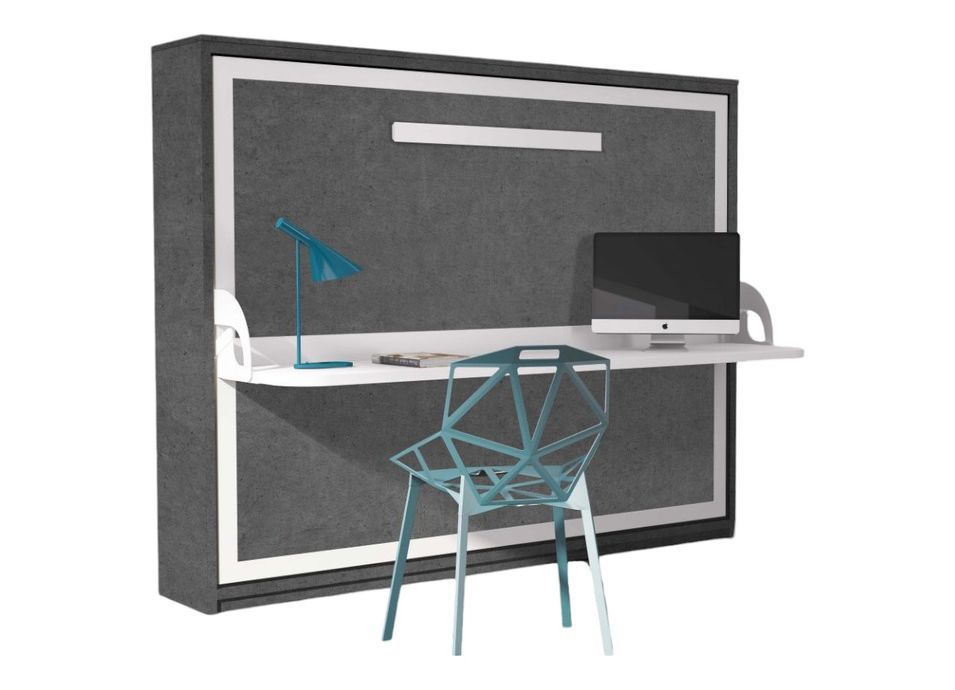 Lit escamotable avec bureau 90x190 gris ciment P 35 Kinoa - Photo n°1
