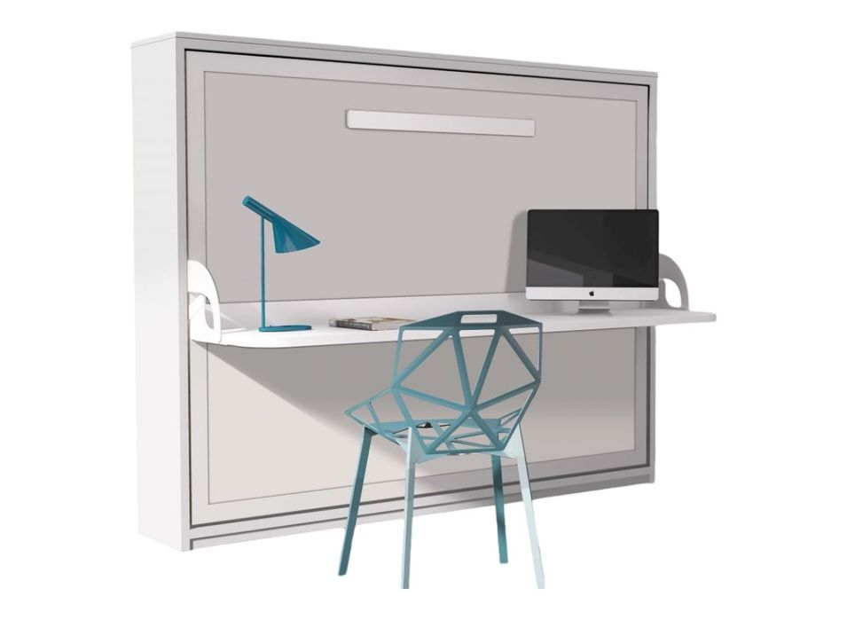 Lit escamotable avec bureau 90x200 blanc satiné P 35 Kinoa - Photo n°1