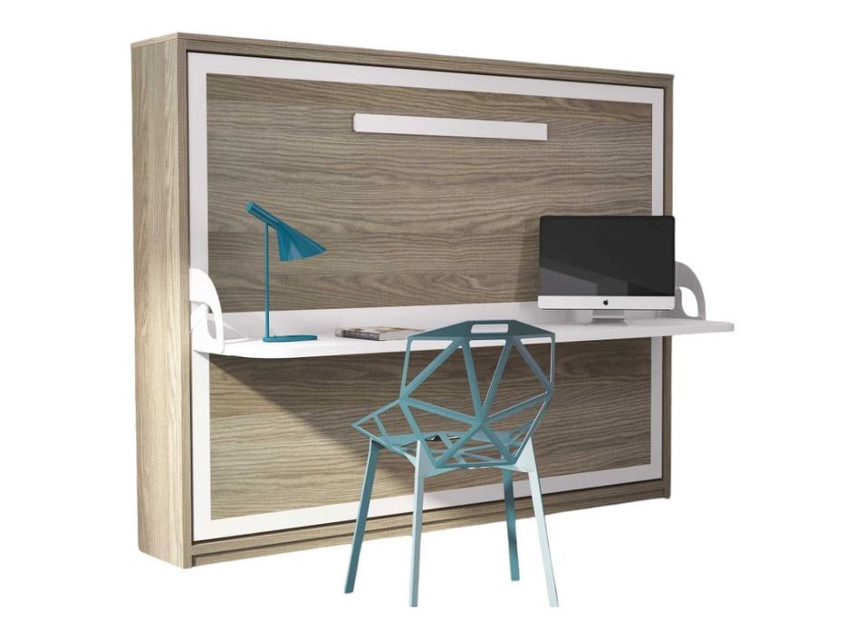 Lit escamotable avec bureau 90x200 chêne clair P 35 Kinoa - Photo n°1