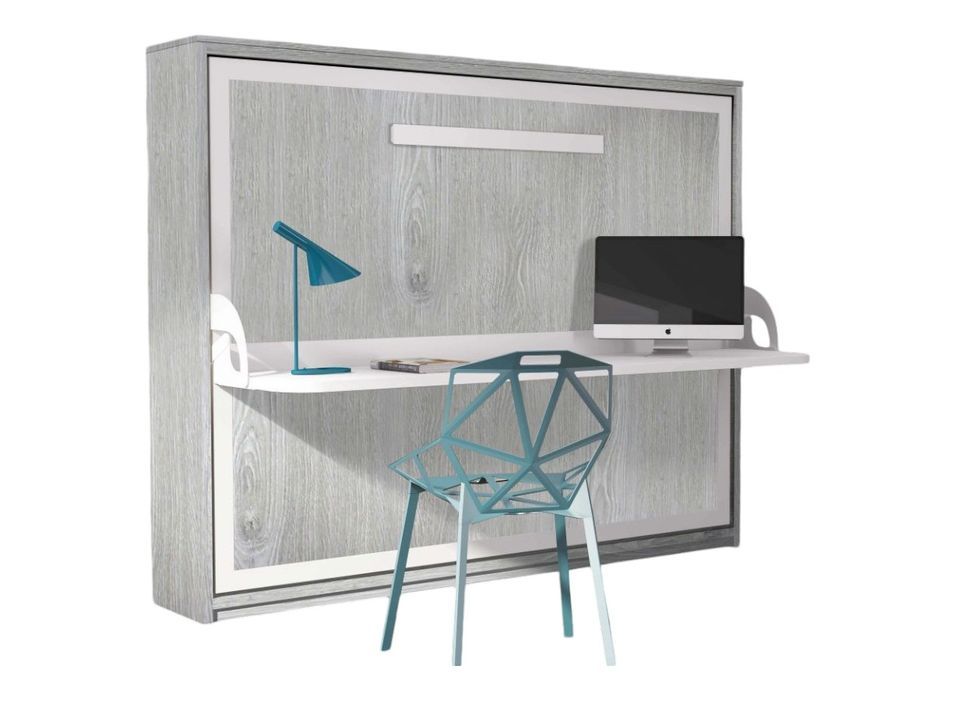 Lit escamotable avec bureau 90x200 chêne gris P 35 Kinoa - Photo n°1