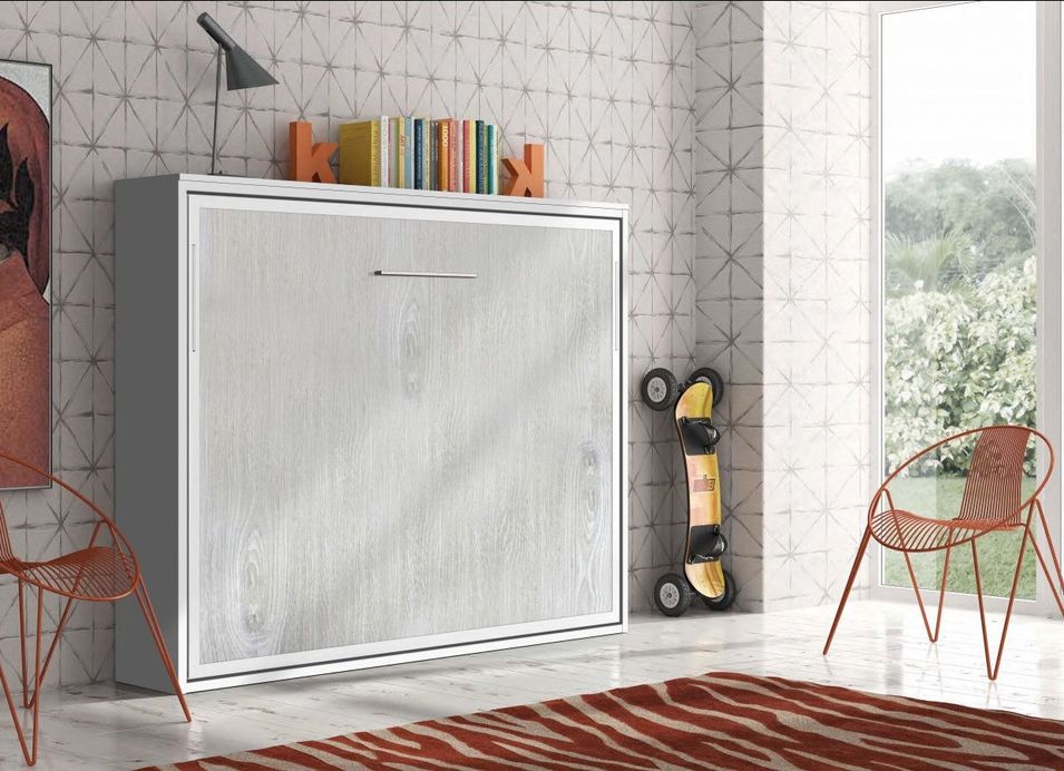 Lit escamotable horizontal 90x200 cm chêne gris vintage Valok - Photo n°1