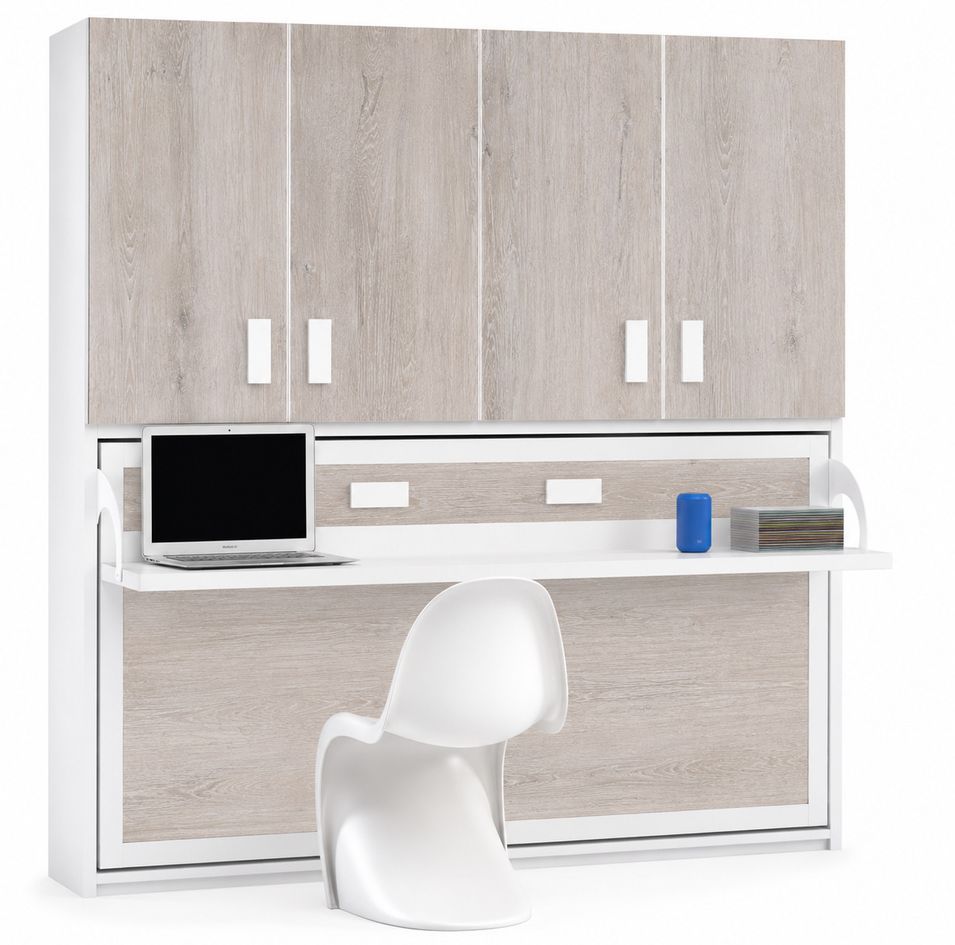 Lit escamotable horizontal avec bureau et armoire MIKO - Profondeur 34,5 cm - Photo n°1