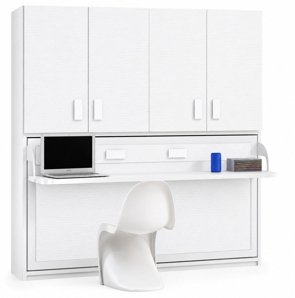 Lit escamotable horizontal avec étagères interieures, bureau et armoire MIKO - Profondeur 53 cm - Photo n°1