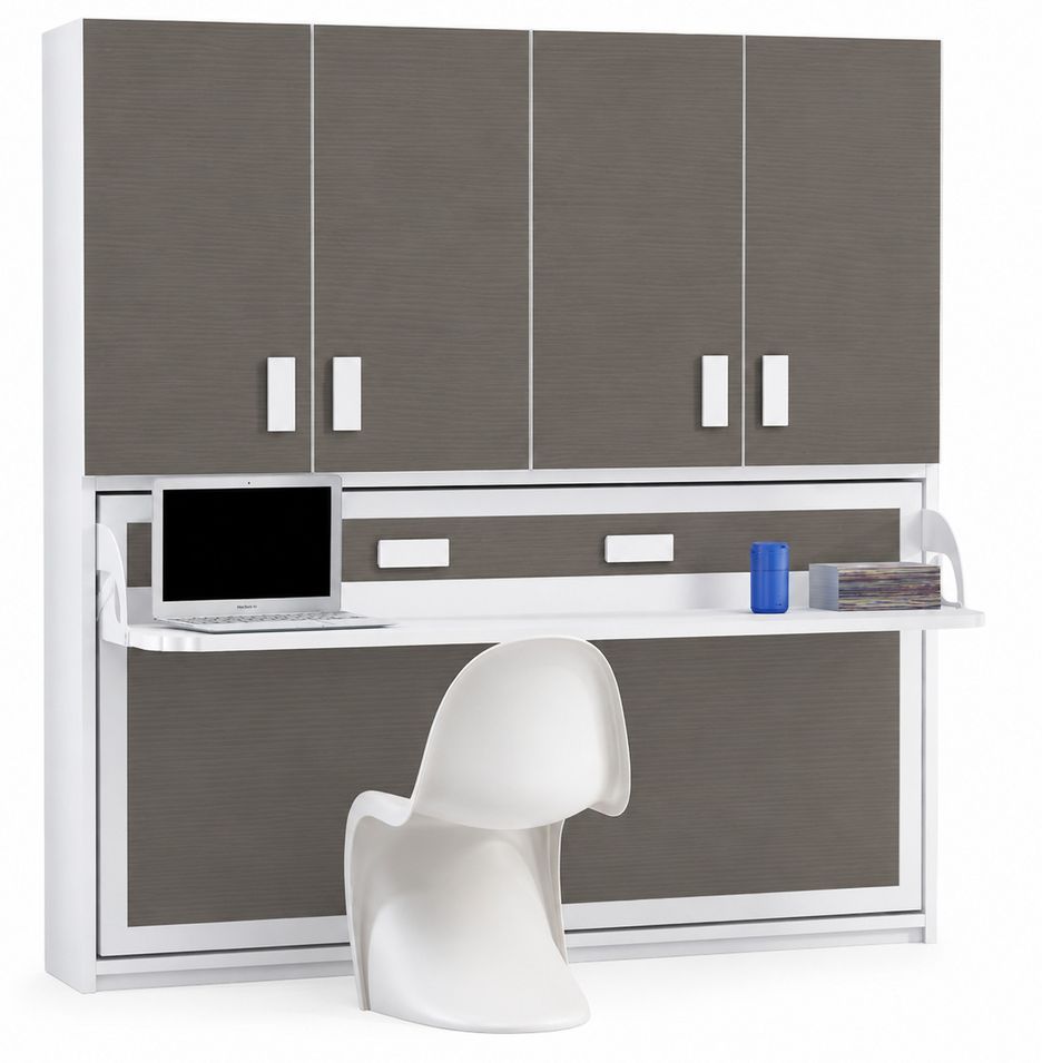 Lit escamotable horizontal avec étagères interieures, bureau et armoire MIKO - Profondeur 53 cm - Photo n°1