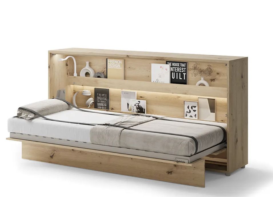 Lit escamotable horizontal avec étagères NOBY - Sommier à lattes en bois - Photo n°1