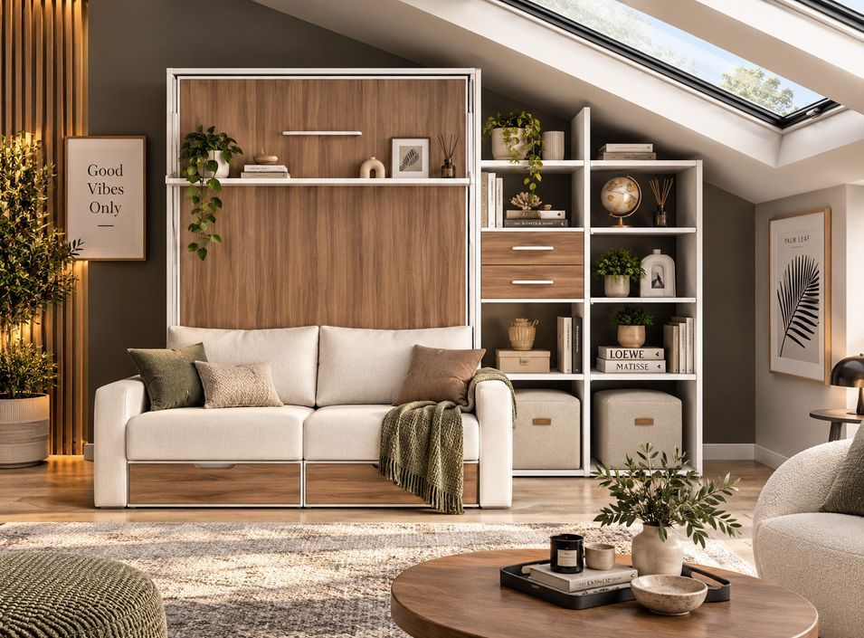 Lit escamotable vertical avec canapé coffre, bibliothèque & rangements MODULA – Sommier inclus - Photo n°1
