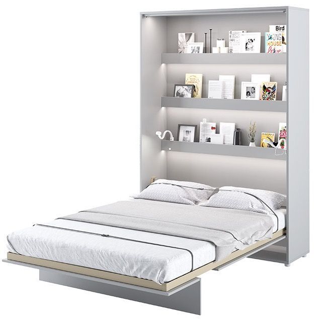 Lit escamotable vertical avec étagères bois gris mat Noby 140x200 cm - Photo n°1