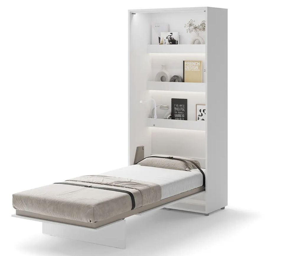 Lit escamotable vertical avec étagères NOBY - Sommier à lattes en bois - Photo n°1