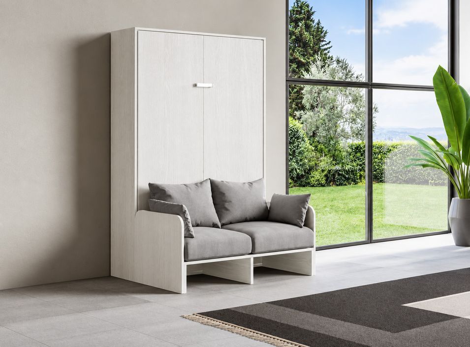 Lit escamotable vertical blanc avec canapé tissu Bounto 140x190 cm - 32 coloris de tissu - Photo n°1