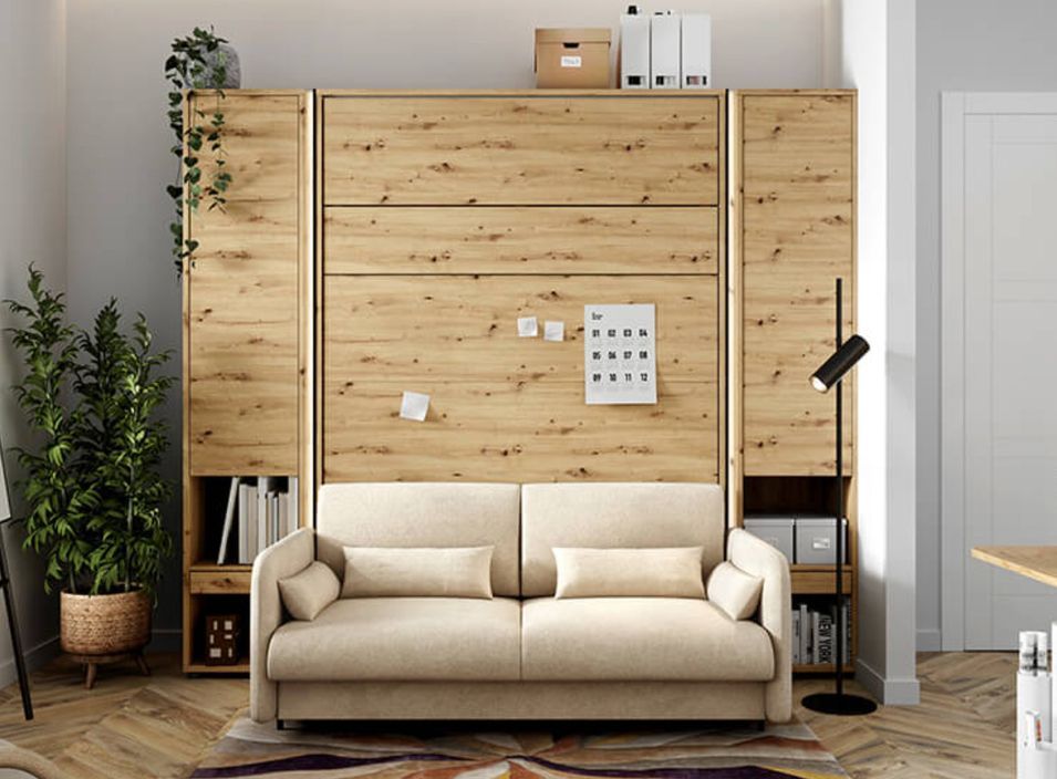 Lit escamotable vertical chêne avec étagères et canapé Beige Noby - Photo n°1