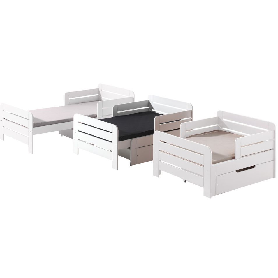 Lit évolutif avec matelas 90/160x200 cm et tiroir lit pin massif blanc Jeep - Photo n°1