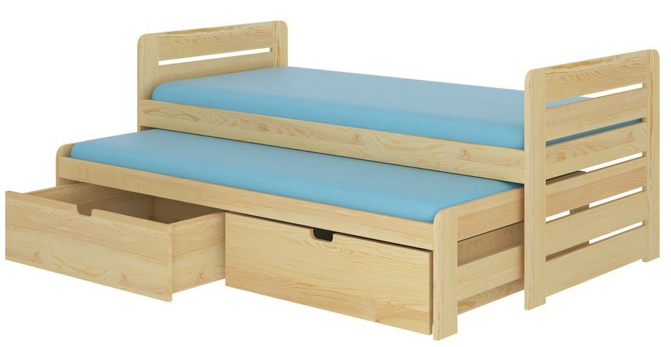 Lit gigogne pin vernis naturel 2 couchages 90x200 cm avec 2 coffres de rangement Balina - Photo n°1