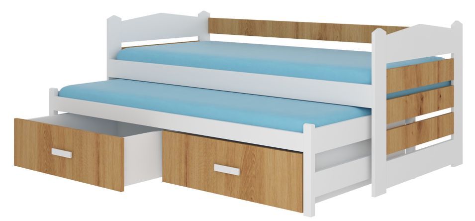 Lit gigogne blanc et bois artisan 2 couchages 90x200 cm avec 2 coffres de rangement Kuska - Photo n°1