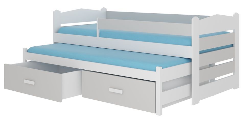 Lit gigogne blanc et gris clair 2 couchages 90x200 cm avec 2 coffres de rangement Kuska - Photo n°1