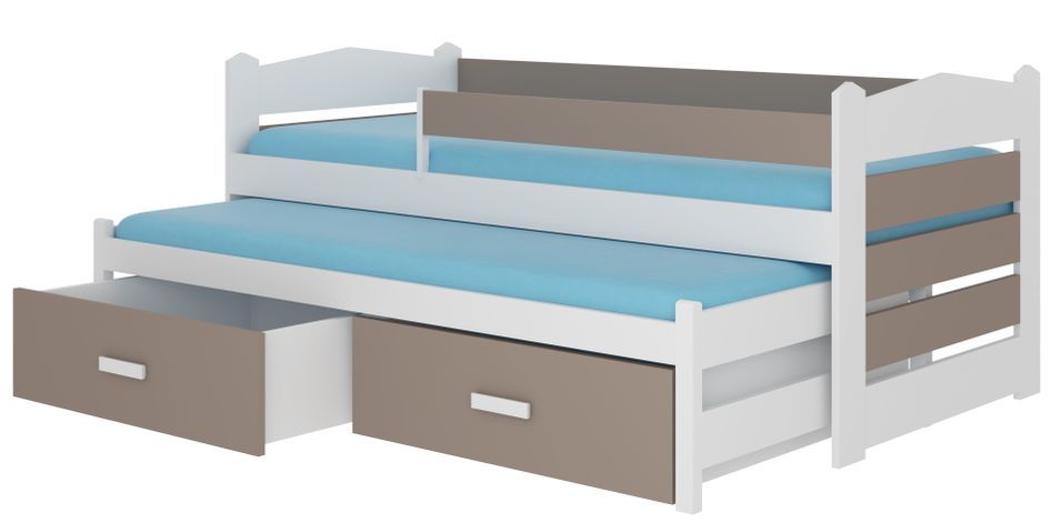 Lit gigogne blanc et taupe 2 couchages 90x200 cm avec 2 coffres de rangement Kuska - Photo n°1