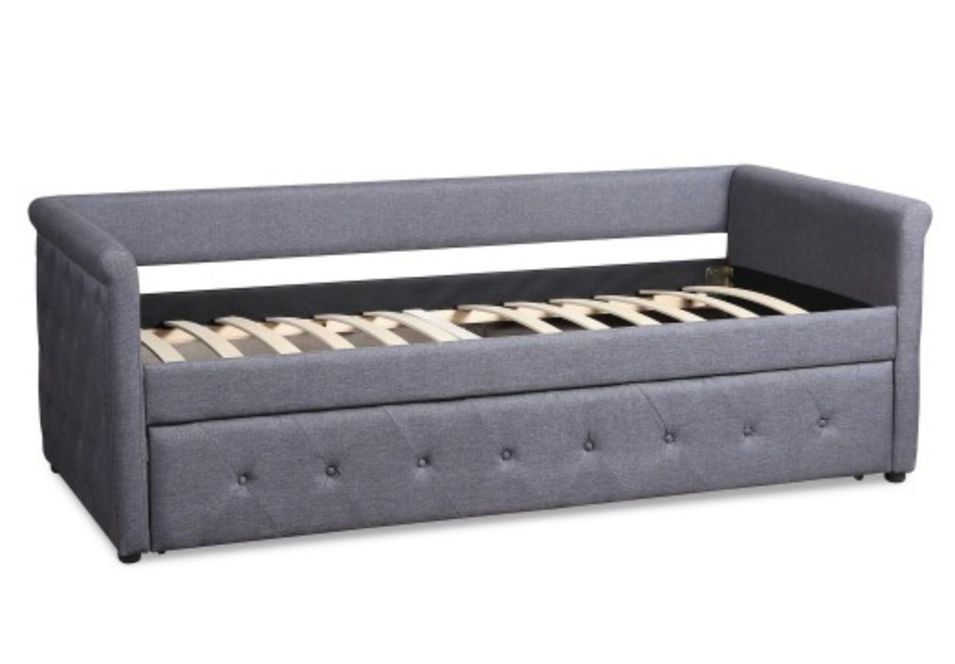 Lit gigogne tissu gris capitonné Mark 90x200 cm - Photo n°1